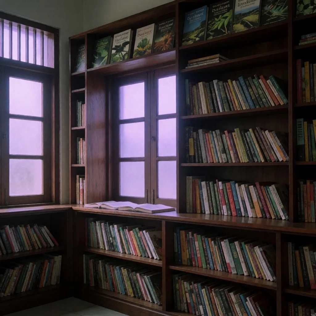Quiet library reading room at dusk with botanical books
