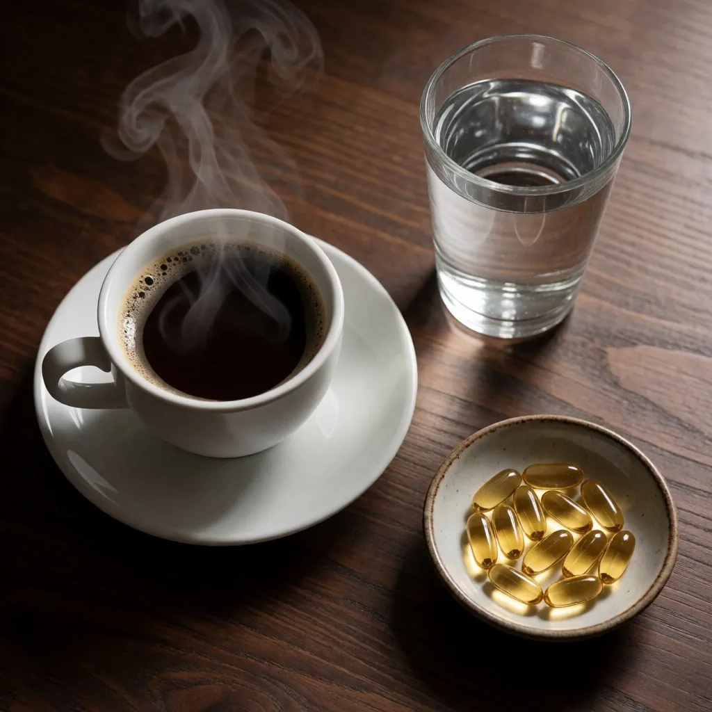 Coffee, water, and supplements on a dark desk