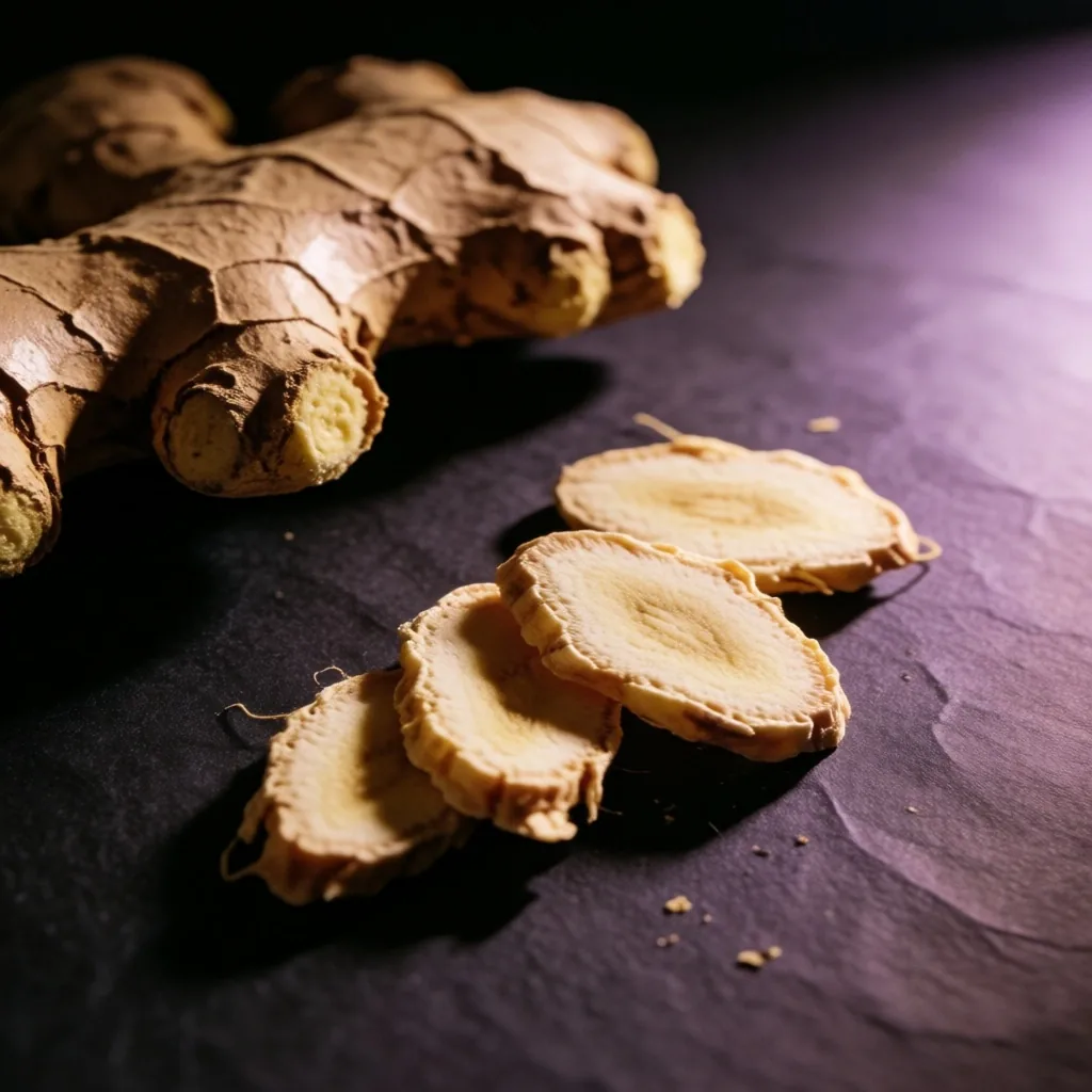 Dried ginger and ginseng roots on dark paper under a warm reading lamp