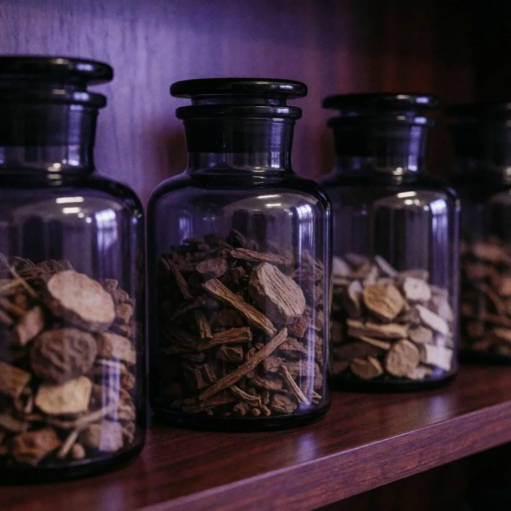 Glass jars of dried herbs on a dark library shelf