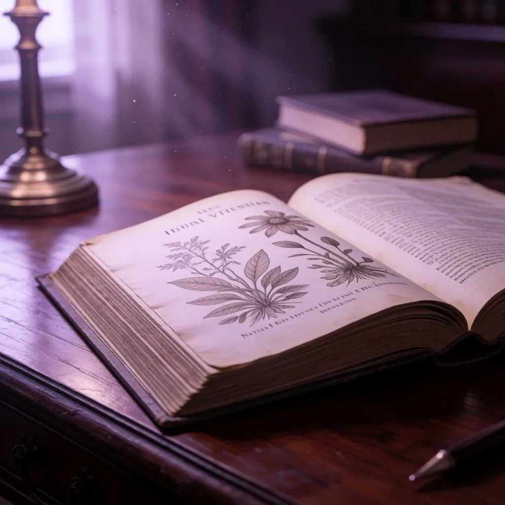 A quiet private library reading room at dusk with a single violet lamp over open botanical books