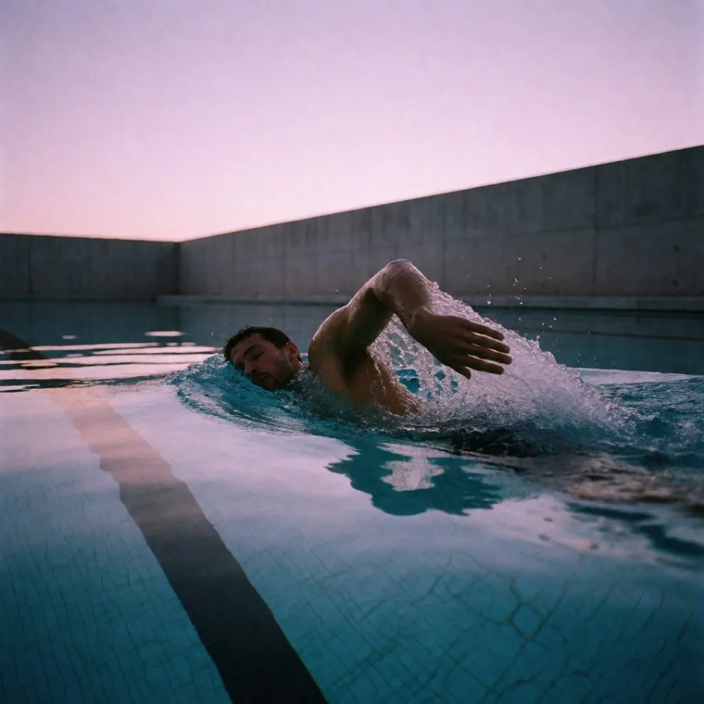 A man swimming freestyle in an outdoor pool at dawn