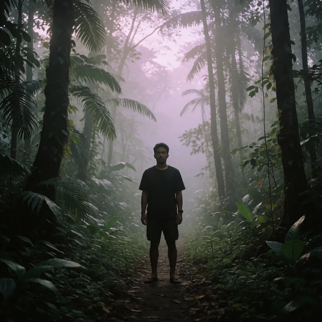 A man standing on a misty forest path at dawn in East Java
