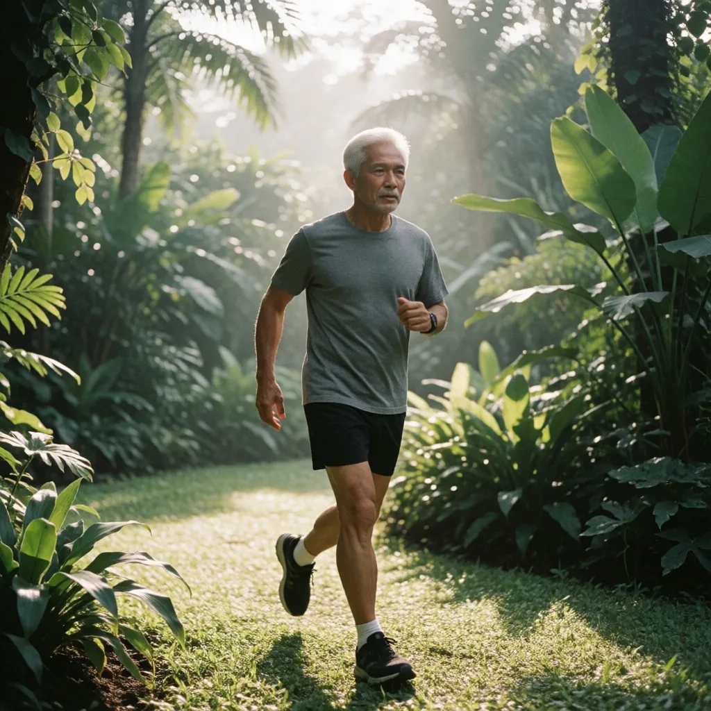 Older man walking actively through a garden