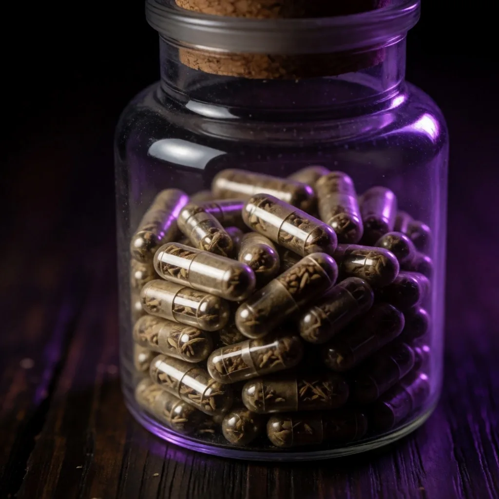 Dried botanical specimens on a dark study desk under violet lamplight